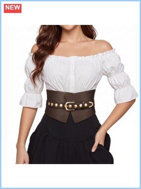 Faux Leather Elastic Corset Belt Wide Waist Belt with Rivets